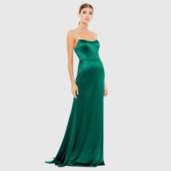 NWT Mac Duggal Charmeuse Rhinestone Strap Trumpet Gown Emerald 2 #8277 - Picture 1 of 7